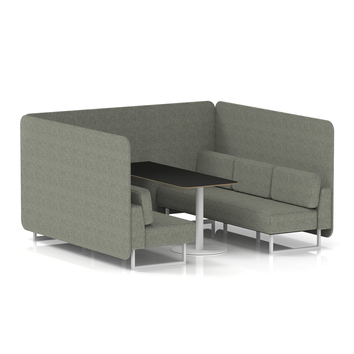 Commercial 6 Seater Privacy Booth – Bench with Black Table – Single Tone – Crib 5 Rivet - Vitreous Panels And Sofa White - Industrious Decor