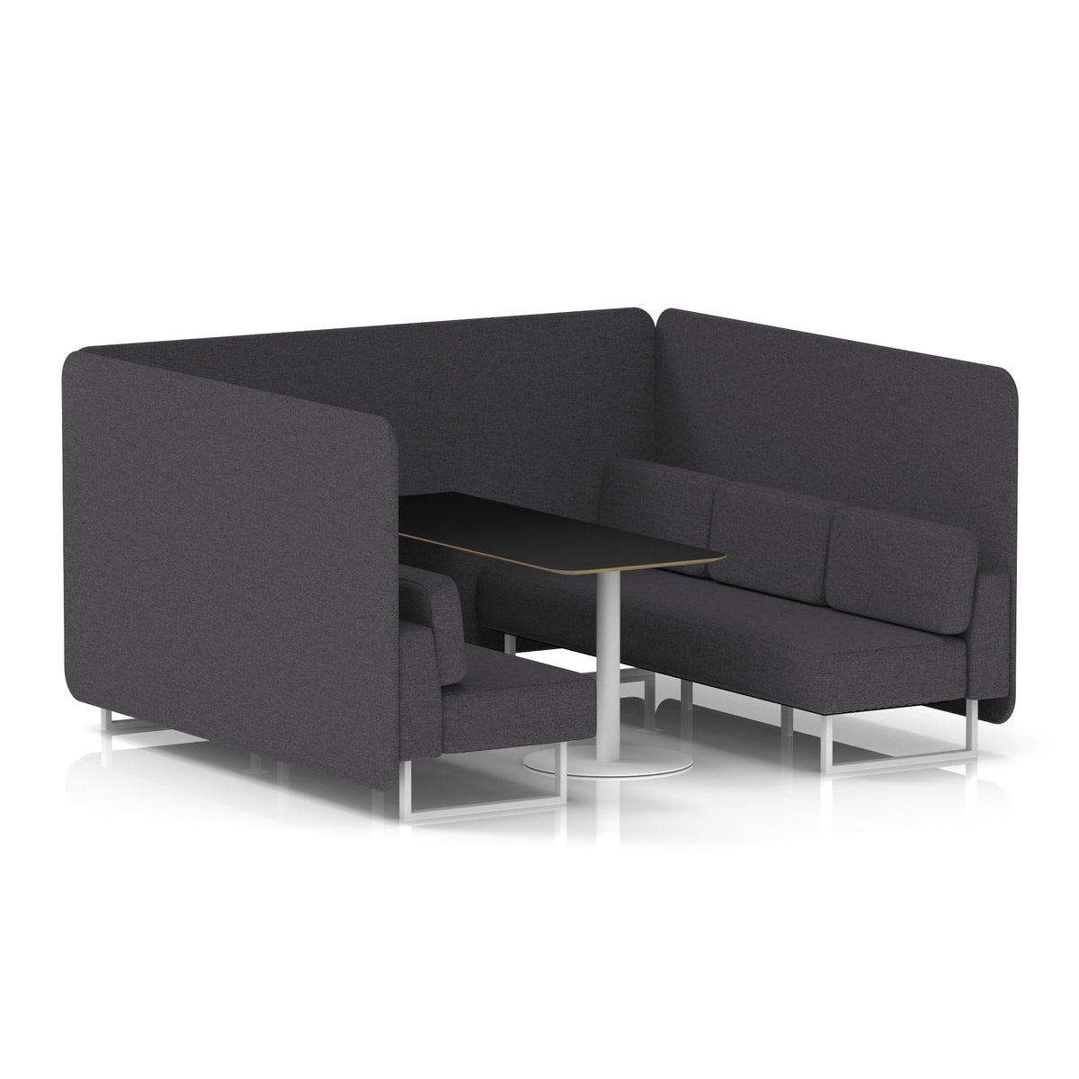 Commercial 6 Seater Privacy Booth – Bench with Black Table – Single Tone – Crib 5 X2 - Arithmetic Panels And Sofa White - Industrious Decor