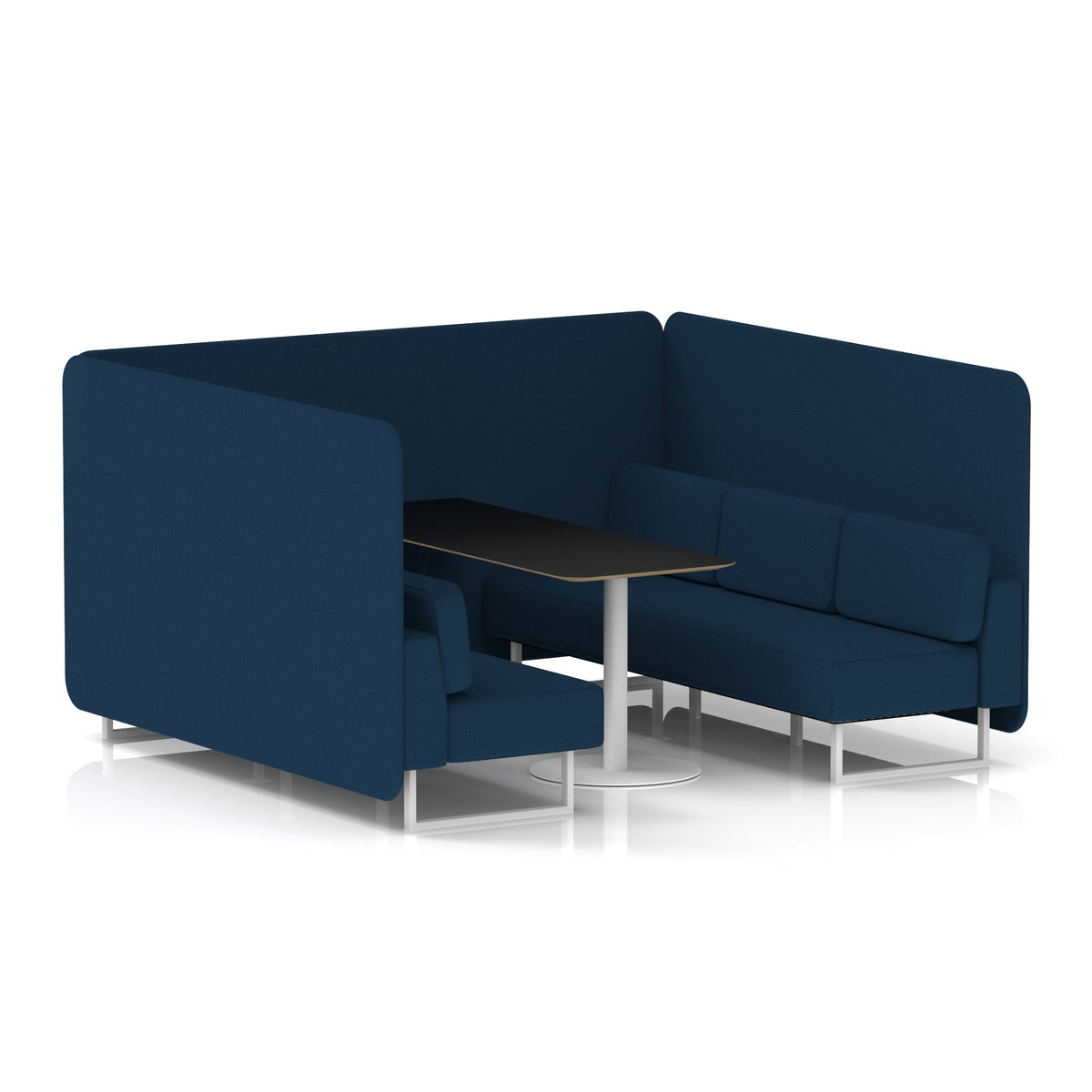 Commercial 6 Seater Privacy Booth – Bench with Black Table – Single Tone – Crib 5 X2 - Calculus Panels And Sofa White - Industrious Decor