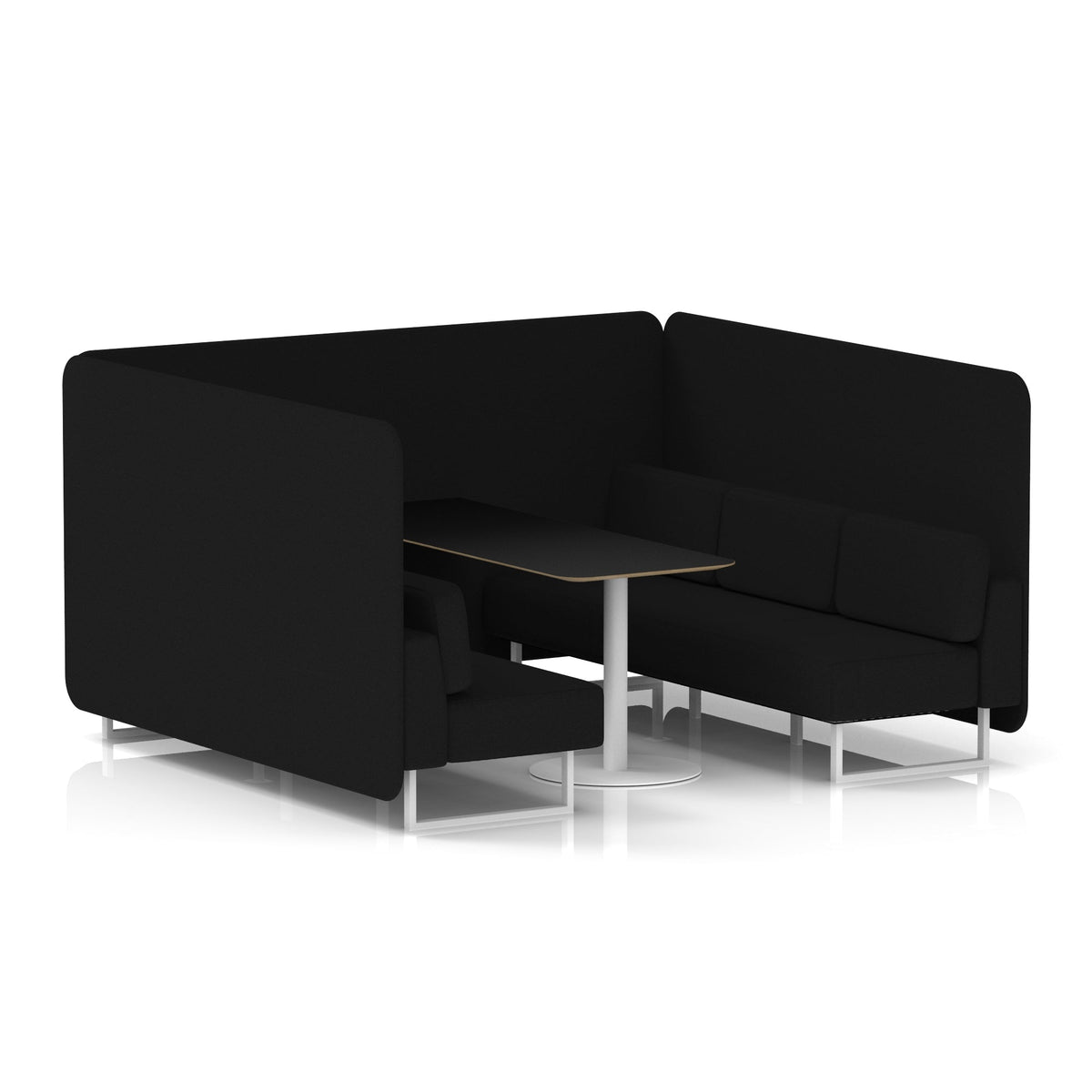 Commercial 6 Seater Privacy Booth – Bench with Black Table – Single Tone – Crib 5 X2 - Diameter Panels And Sofa White - Industrious Decor
