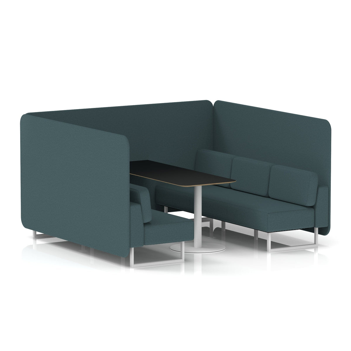 Commercial 6 Seater Privacy Booth – Bench with Black Table – Single Tone – Crib 5 X2 - Polygon Panels And Sofa White - Industrious Decor