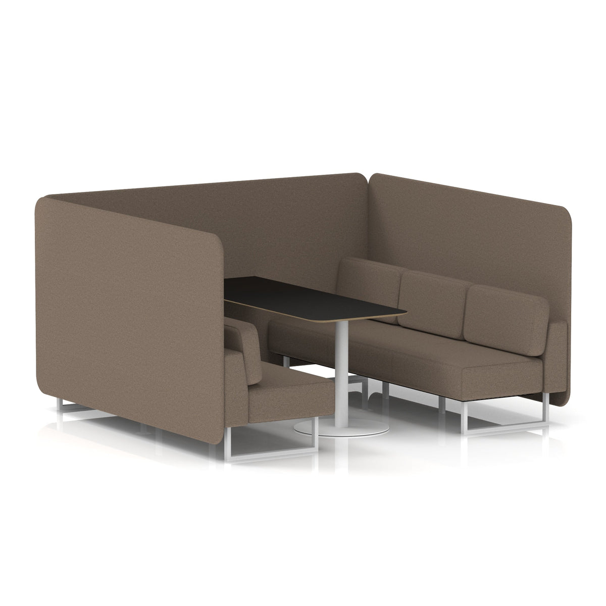 Commercial 6 Seater Privacy Booth – Bench with Black Table – Single Tone – Crib 5 X2 - Theory Panels And Sofa White - Industrious Decor