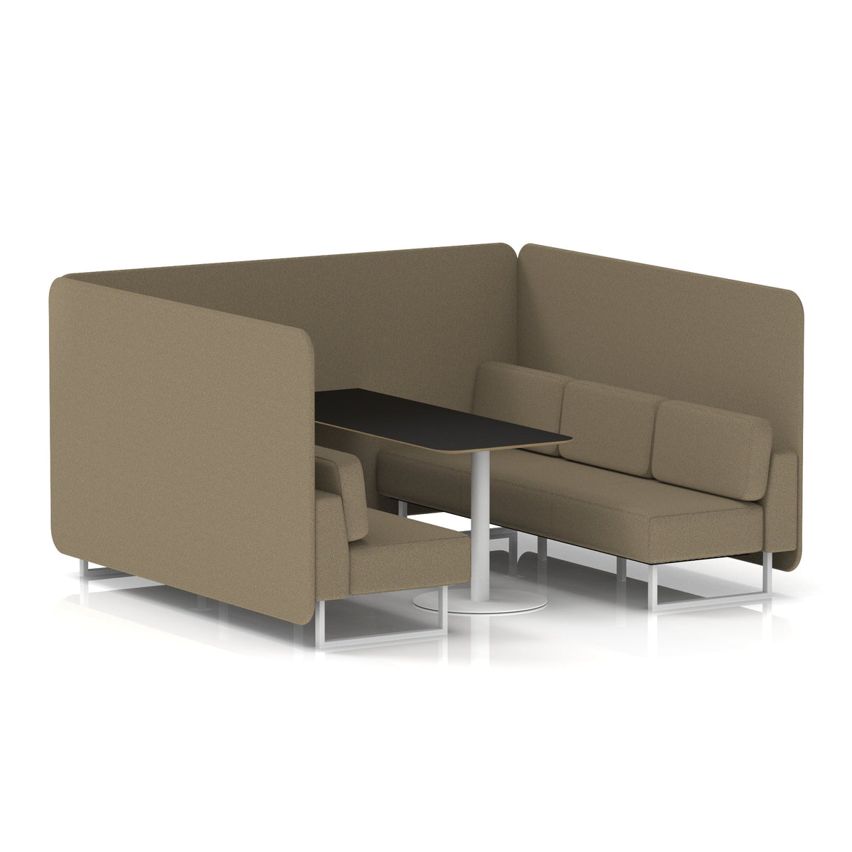 Commercial 6 Seater Privacy Booth – Bench with Black Table – Single Tone – Crib 5 Main Line Flax - Bank Panels And Sofa White - Industrious Decor