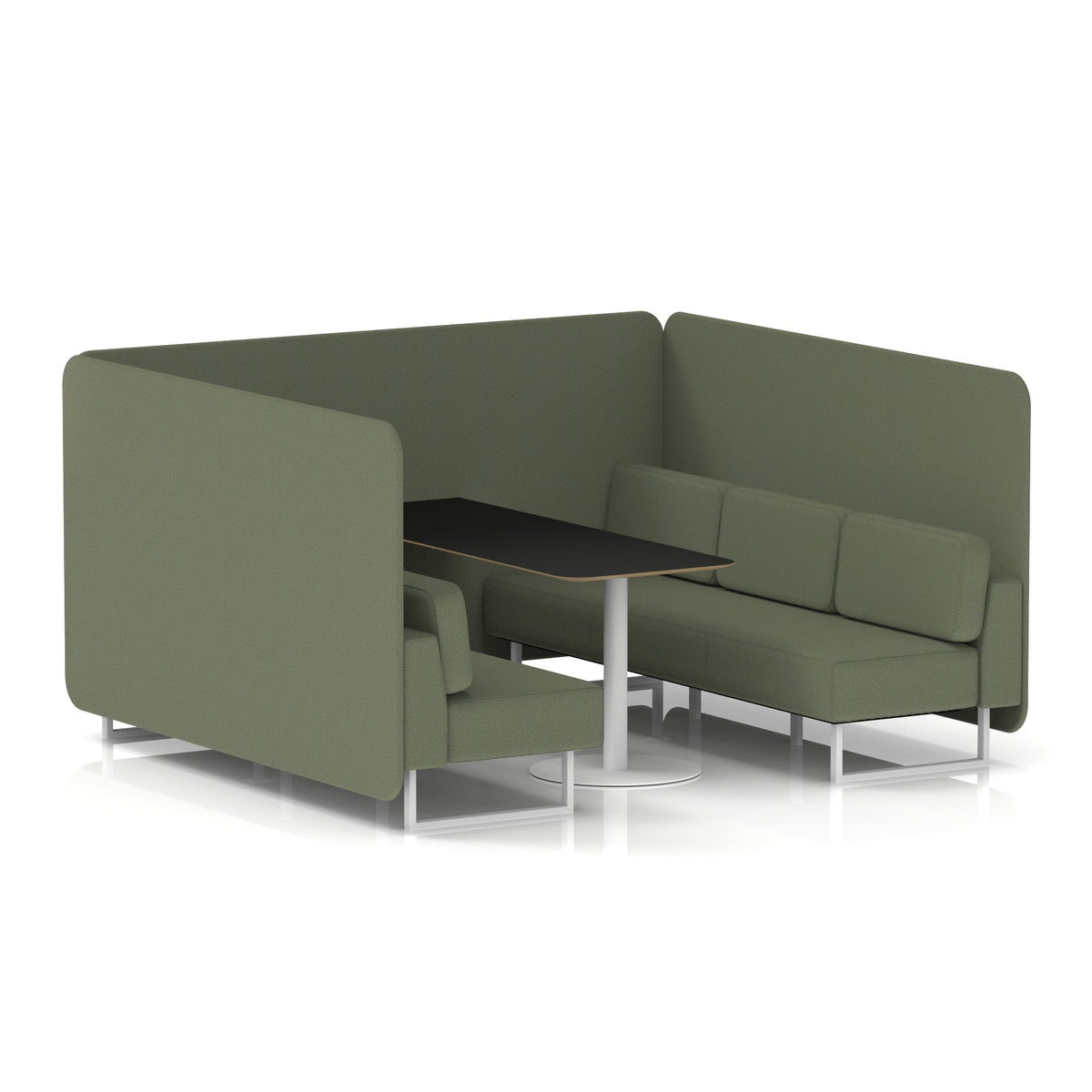 Commercial 6 Seater Privacy Booth – Bench with Black Table – Single Tone – Crib 5 Main Line Flax - Monument Panels And Sofa White - Industrious Decor