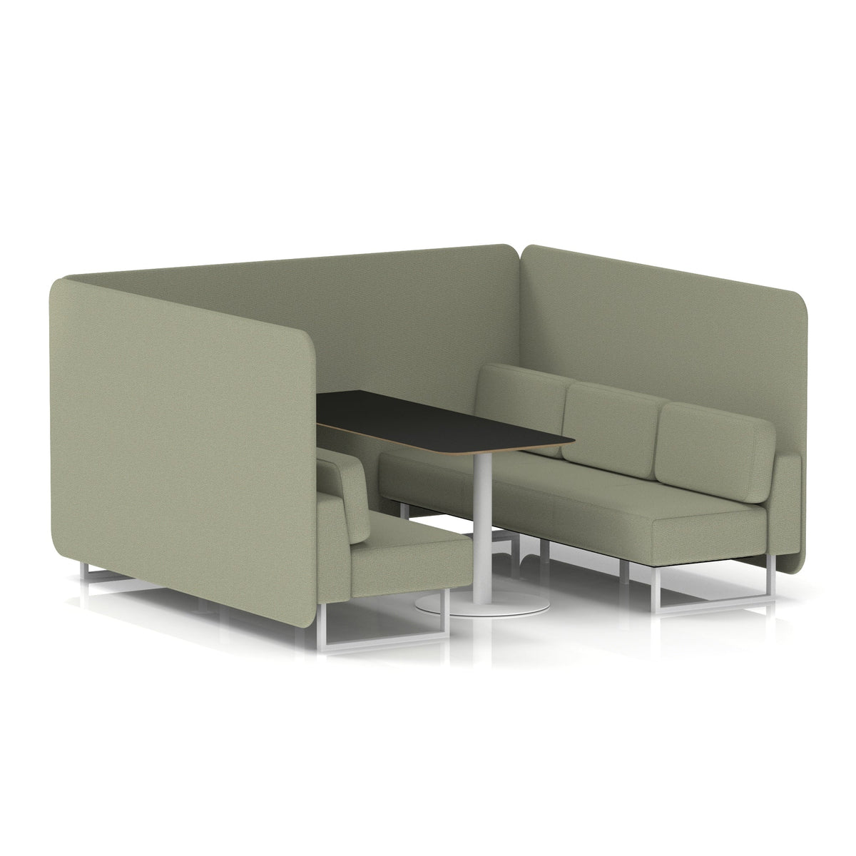Commercial 6 Seater Privacy Booth – Bench with Black Table – Single Tone – Crib 5 Main Line Flax - Newbury Panels And Sofa White - Industrious Decor
