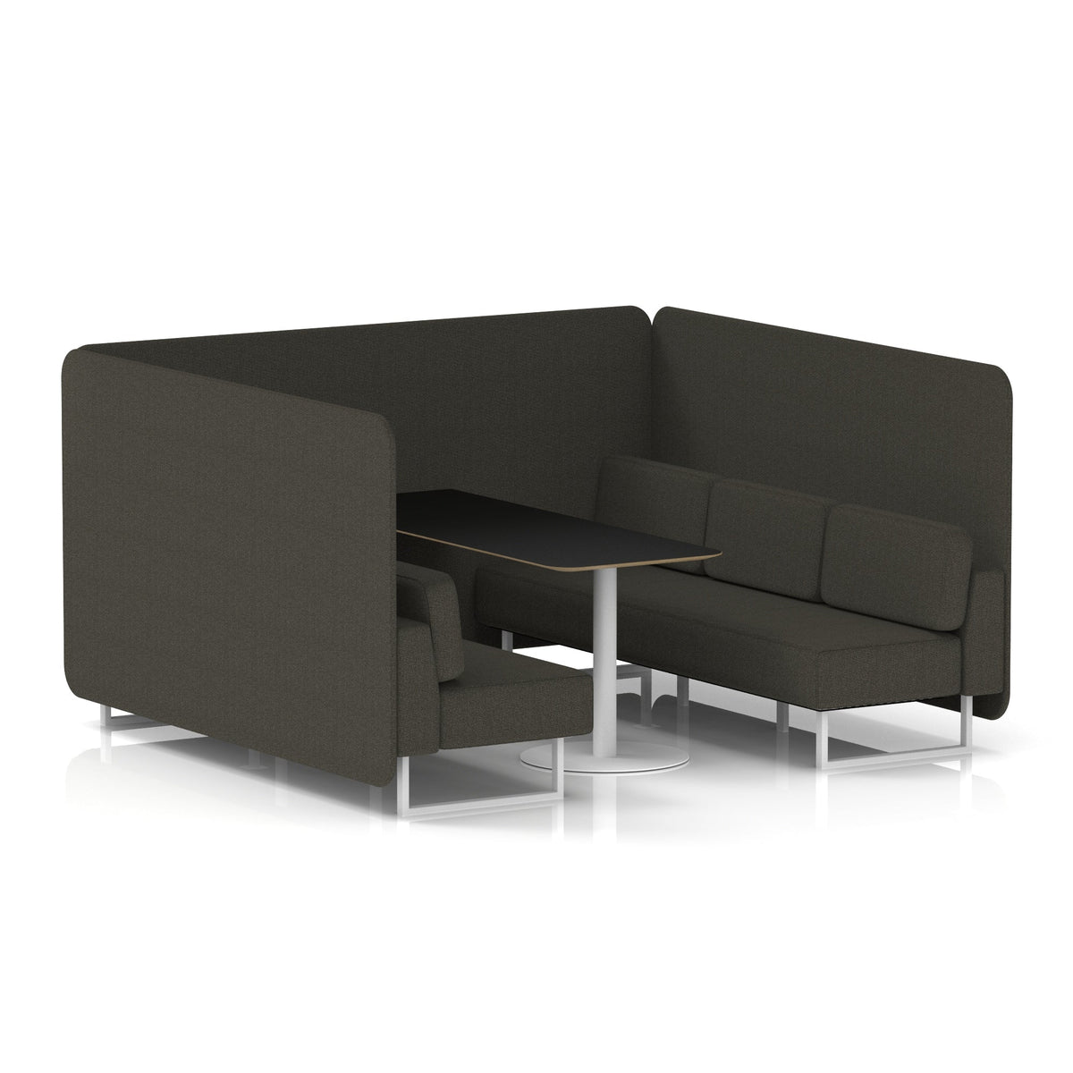 Commercial 6 Seater Privacy Booth – Bench with Black Table – Single Tone – Crib 5 Main Line Flax - Temple Panels And Sofa White - Industrious Decor