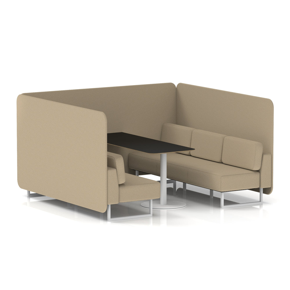Commercial 6 Seater Privacy Booth – Bench with Black Table – Single Tone – Crib 5 Main Line Flax - Upminster Panels And Sofa White - Industrious Decor