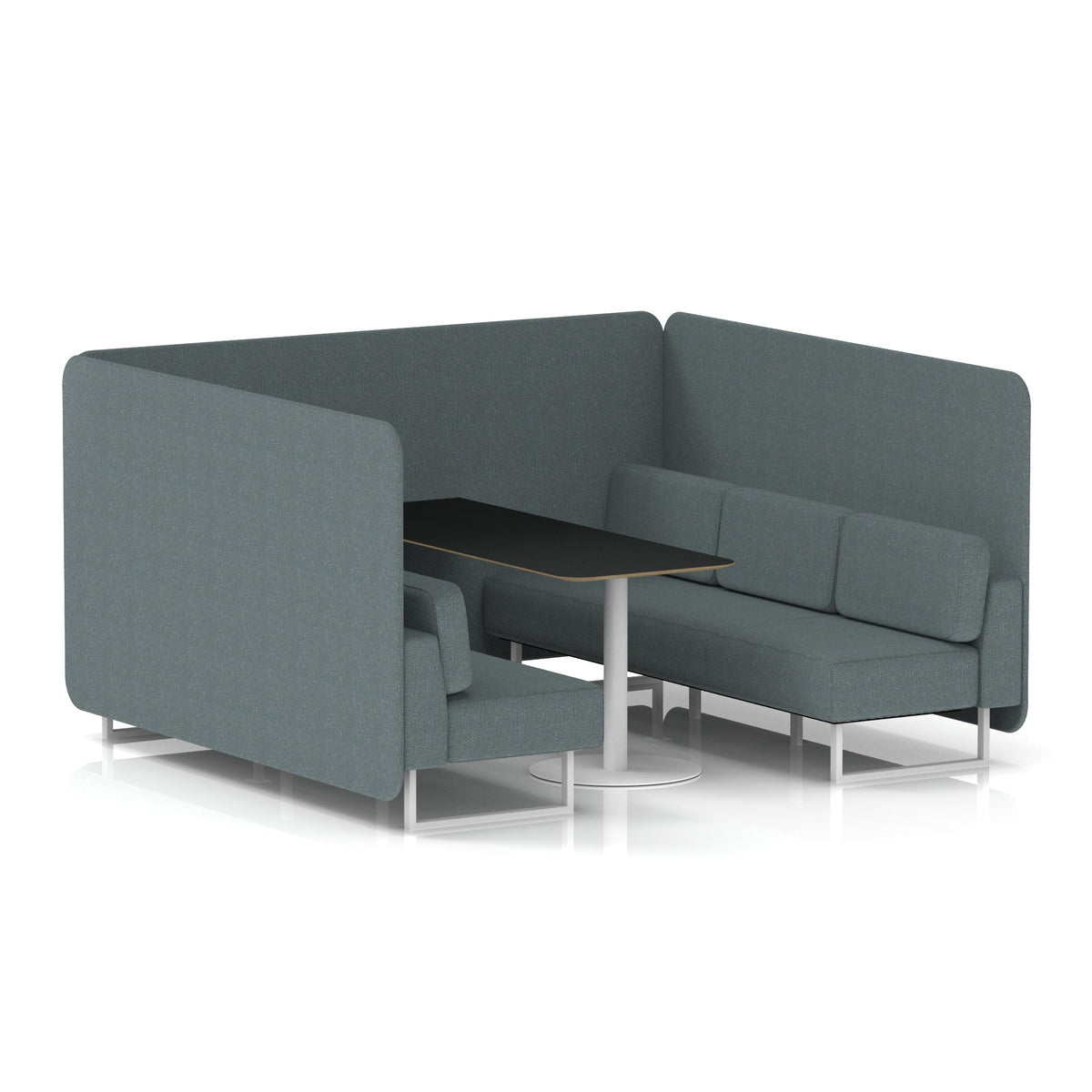 Commercial 6 Seater Privacy Booth – Bench with Black Table – Single Tone – Crib 5 Main Line Flax - Westminster Panels And Sofa White - Industrious Decor