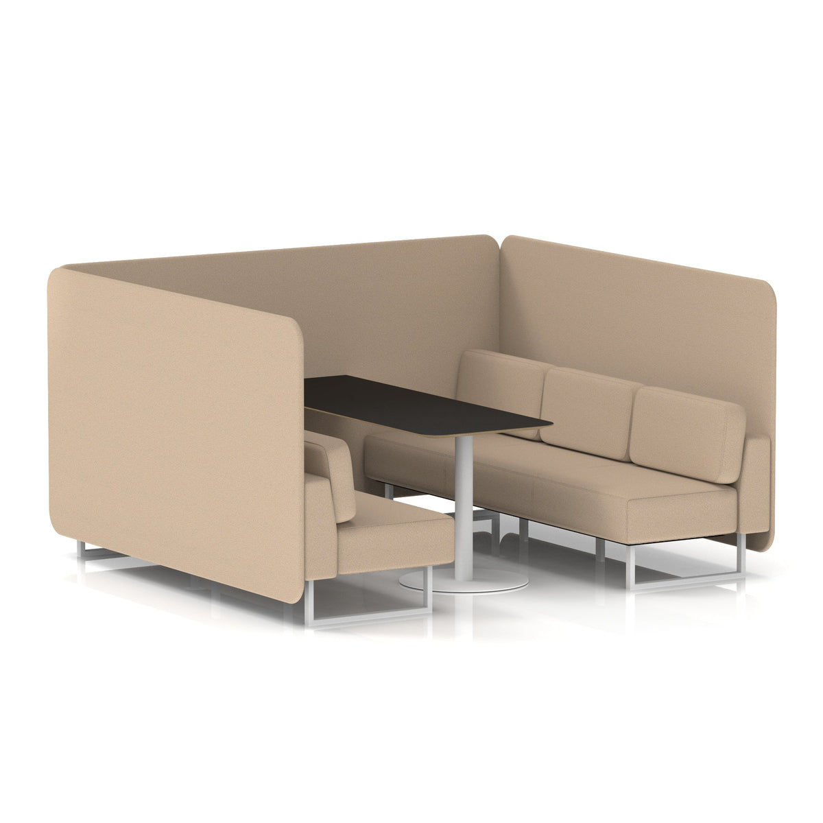 Commercial 6 Seater Privacy Booth – Bench with Black Table – Single Tone – Crib 5 Synergy - Affix Panels And Sofa White - Industrious Decor