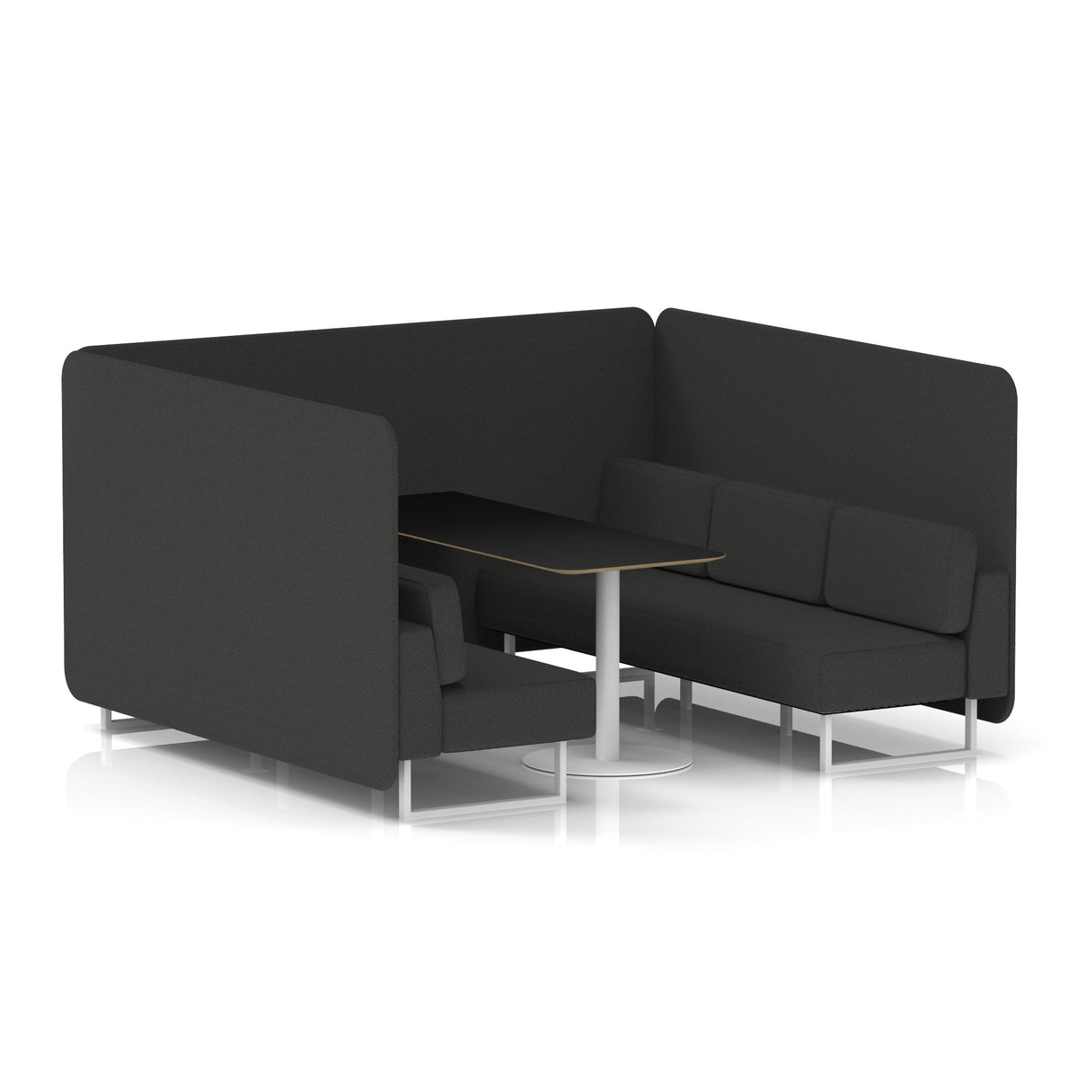 Commercial 6 Seater Privacy Booth – Bench with Black Table – Single Tone – Crib 5 Synergy - Mix Panels And Sofa White - Industrious Decor