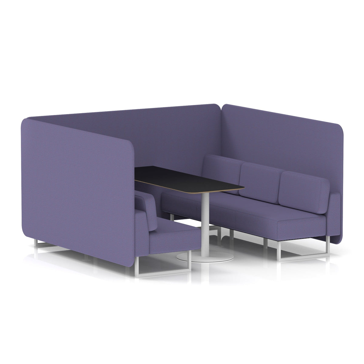 Commercial 6 Seater Privacy Booth – Bench with Black Table – Single Tone – Crib 5 Synergy - Order Panels And Sofa White - Industrious Decor