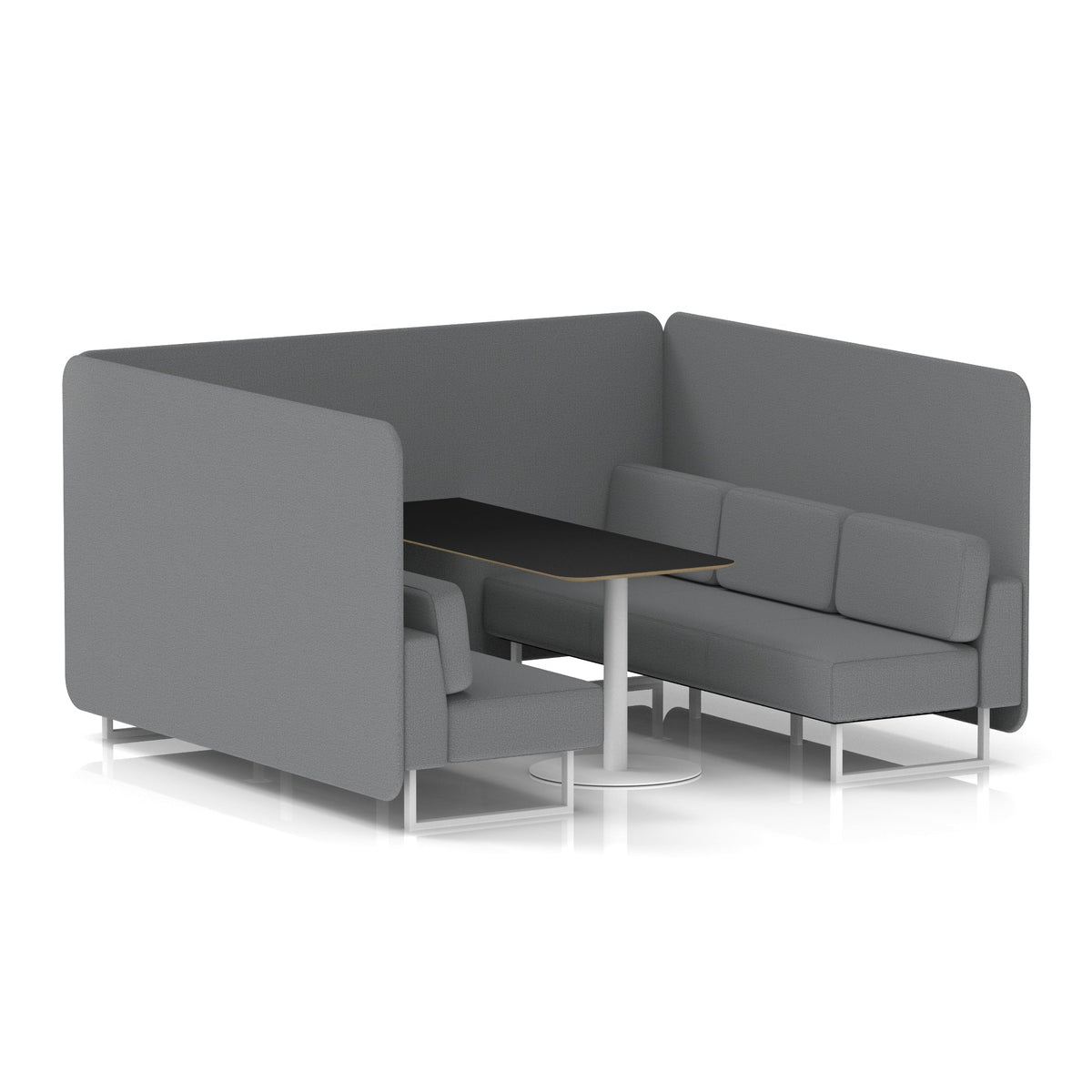 Commercial 6 Seater Privacy Booth – Bench with Black Table – Single Tone – Crib 5 Synergy - Partner Panels And Sofa White - Industrious Decor