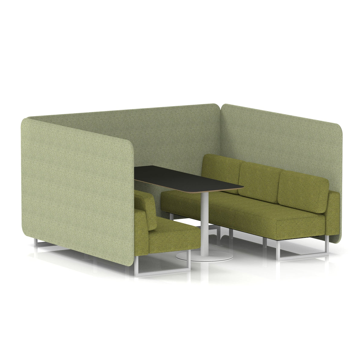 Commercial 6 Seater Privacy Booth – Bench with Black Table – Two Tone – Crib 5 Rivet - Burnish Panels And Olive Sofa White - Industrious Decor