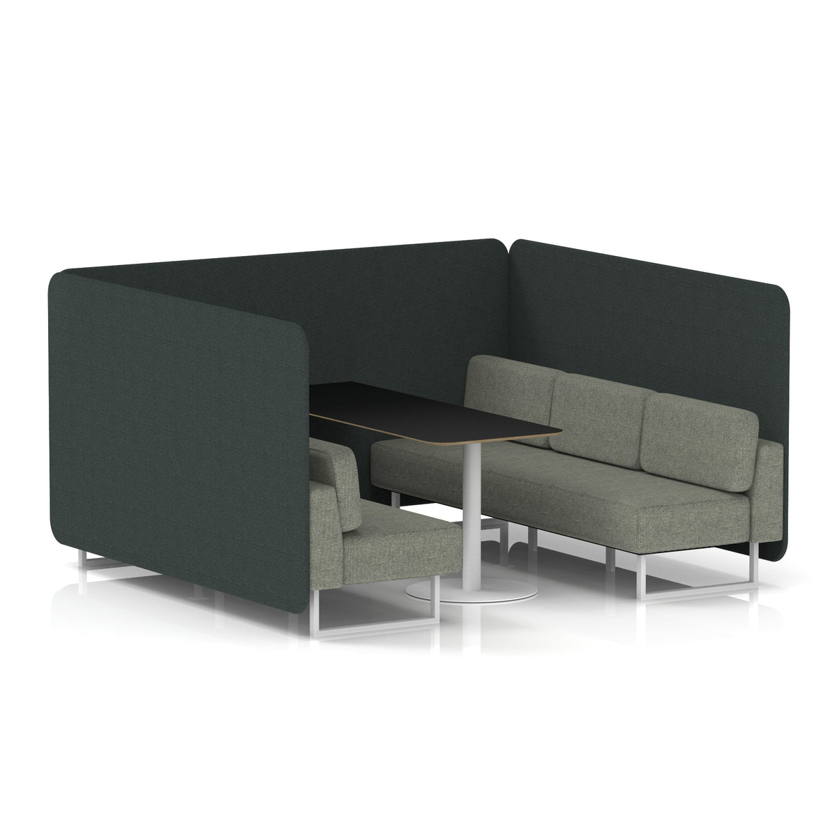 Commercial 6 Seater Privacy Booth – Bench with Black Table – Two Tone – Crib 5 Rivet - Charcoal Panels And Vitreous Sofa White - Industrious Decor