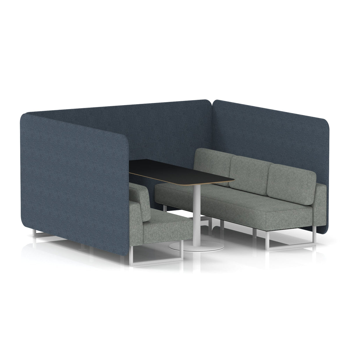 Commercial 6 Seater Privacy Booth – Bench with Black Table – Two Tone – Crib 5 Rivet - Crucible Panels And Prime Sofa White - Industrious Decor