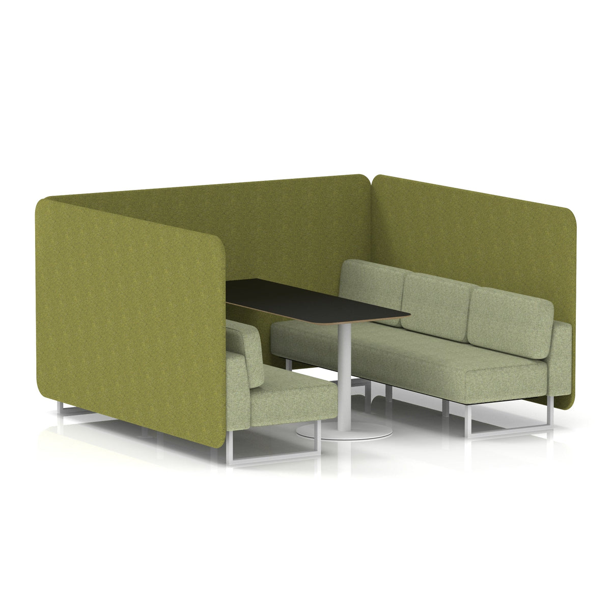 Commercial 6 Seater Privacy Booth – Bench with Black Table – Two Tone – Crib 5 Rivet - Olive Panels And Burnish Sofa White - Industrious Decor