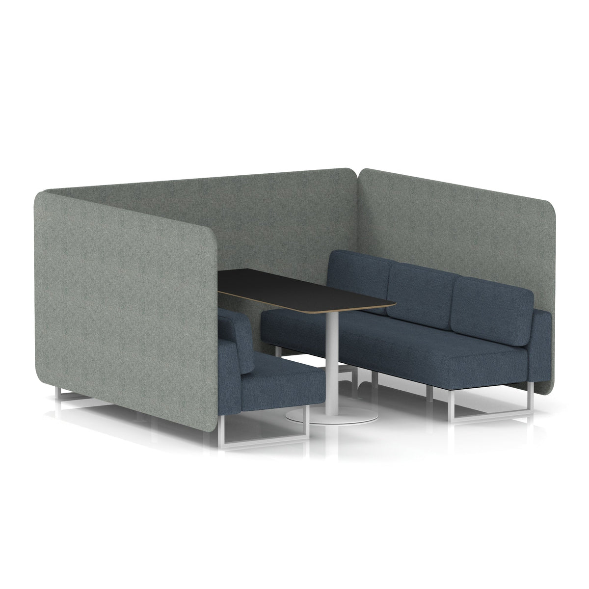 Commercial 6 Seater Privacy Booth – Bench with Black Table – Two Tone – Crib 5 Rivet - Prime Panels And Crucible Sofa White - Industrious Decor