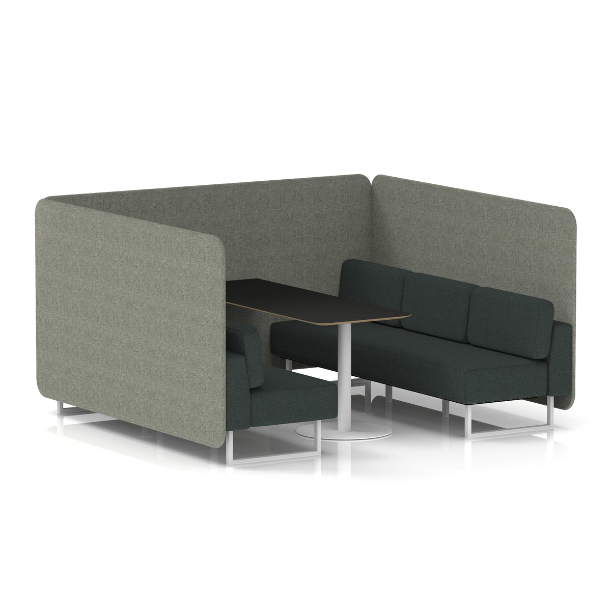 Commercial 6 Seater Privacy Booth – Bench with Black Table – Two Tone – Crib 5 Rivet - Vitreous Panels And Charcoal Sofa White - Industrious Decor