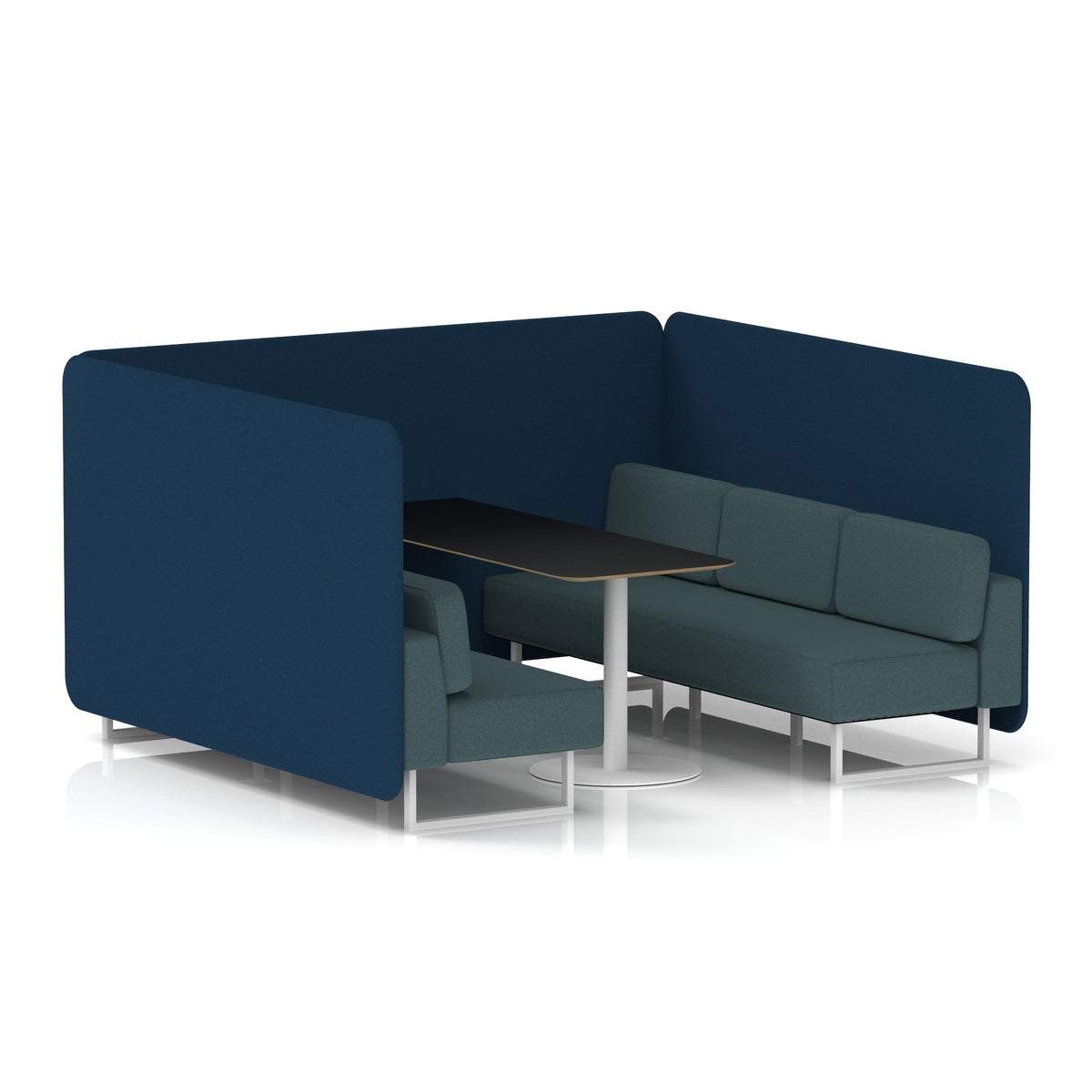Commercial 6 Seater Privacy Booth – Bench with Black Table – Two Tone – Crib 5 X2 - Calculus Panels And Polygon Sofa White - Industrious Decor