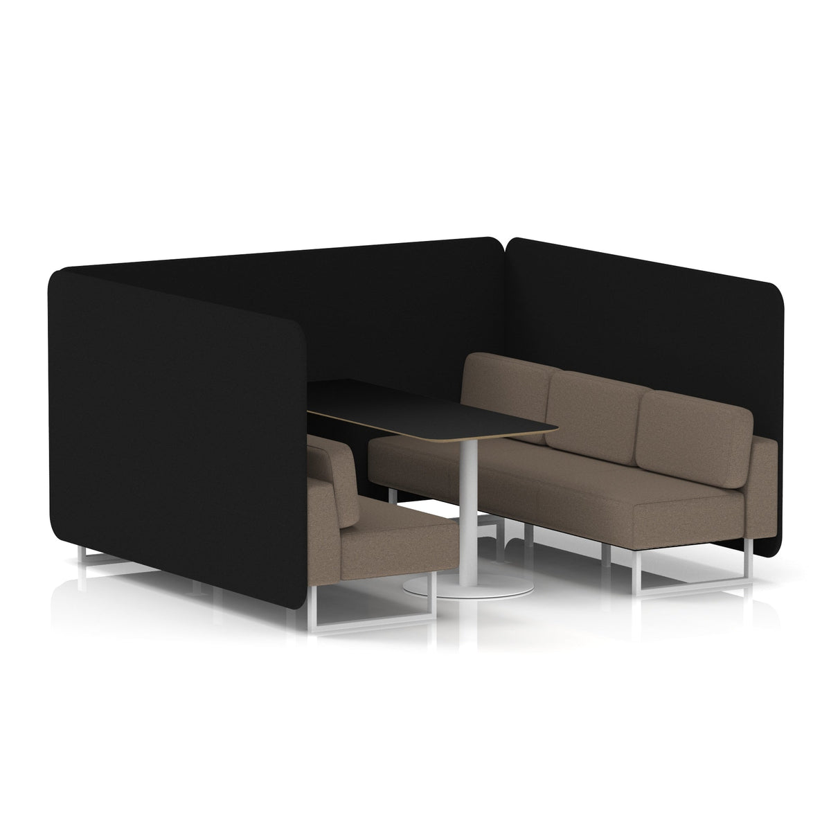 Commercial 6 Seater Privacy Booth – Bench with Black Table – Two Tone – Crib 5 X2 - Diameter Panels And Theory Sofa White - Industrious Decor