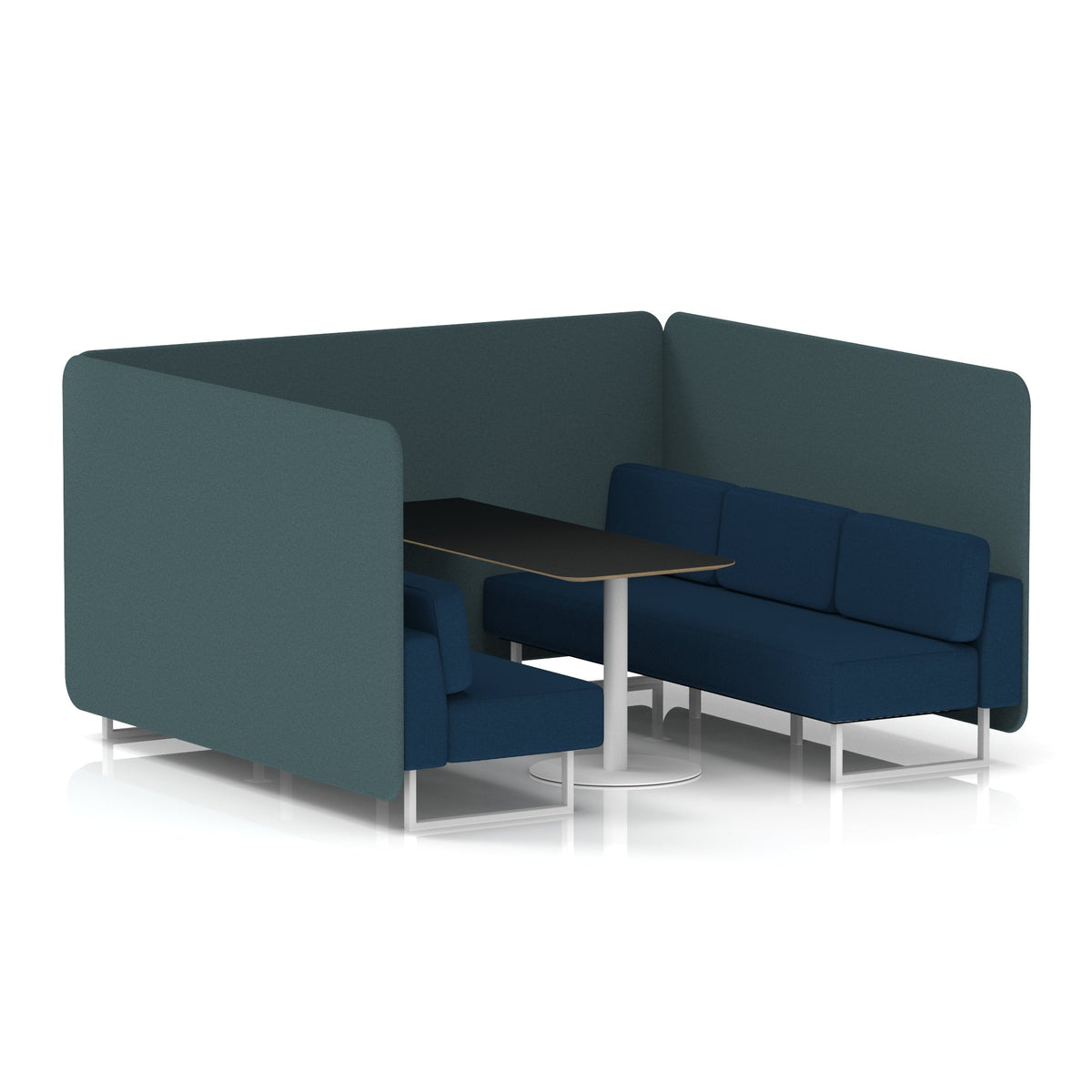 Commercial 6 Seater Privacy Booth – Bench with Black Table – Two Tone – Crib 5 X2 - Polygon Panels And Calculus Sofa White - Industrious Decor
