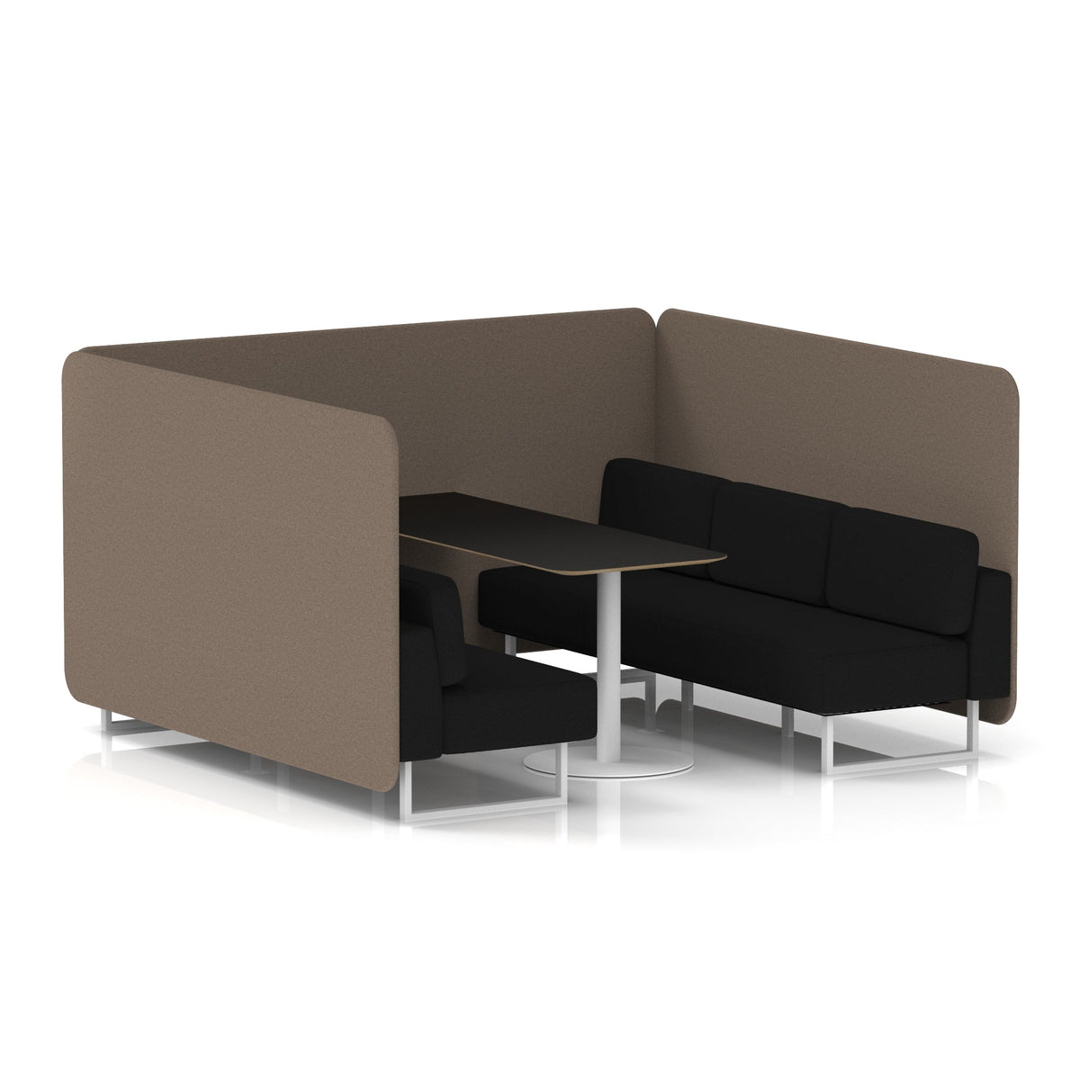 Commercial 6 Seater Privacy Booth – Bench with Black Table – Two Tone – Crib 5 X2 - Theory Panels And Diameter Sofa White - Industrious Decor