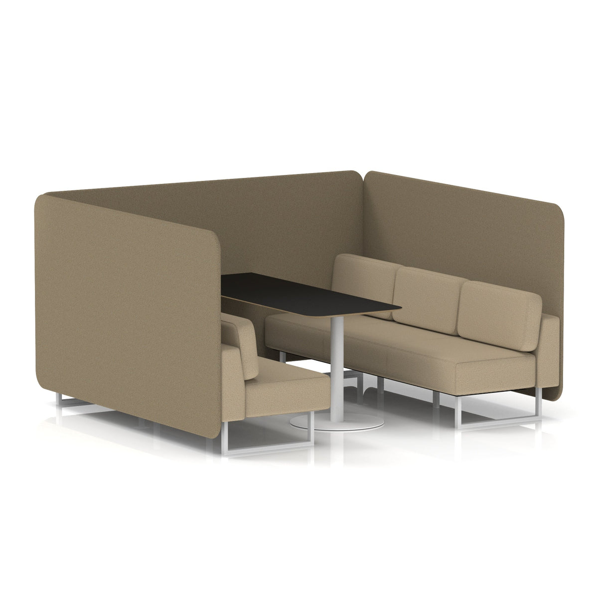 Commercial 6 Seater Privacy Booth – Bench with Black Table – Two Tone – Crib 5 Main Line Flax - Bank Panels And Upminster Sofa White - Industrious Decor