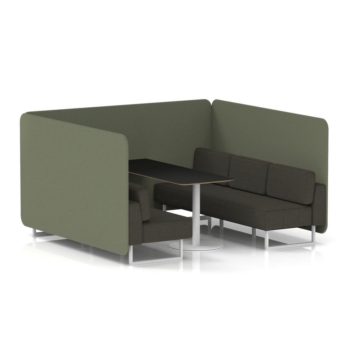 Commercial 6 Seater Privacy Booth – Bench with Black Table – Two Tone – Crib 5 Main Line Flax - Monument Panels And Temple Sofa White - Industrious Decor