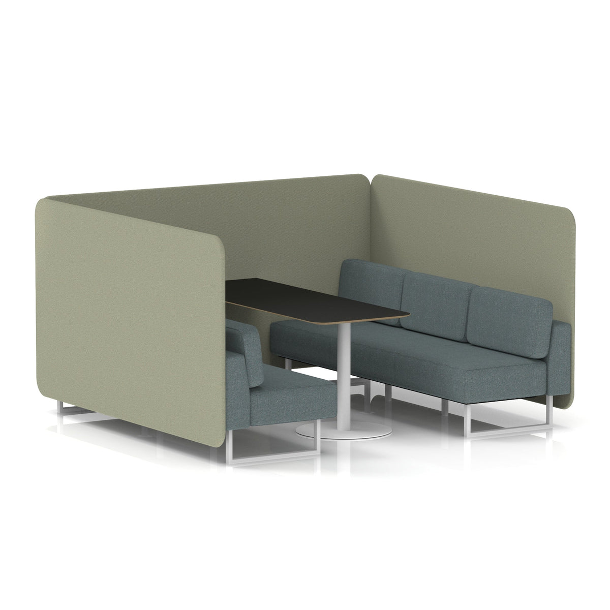 Commercial 6 Seater Privacy Booth – Bench with Black Table – Two Tone – Crib 5 Main Line Flax - Newbury Panels And Westminster Sofa White - Industrious Decor