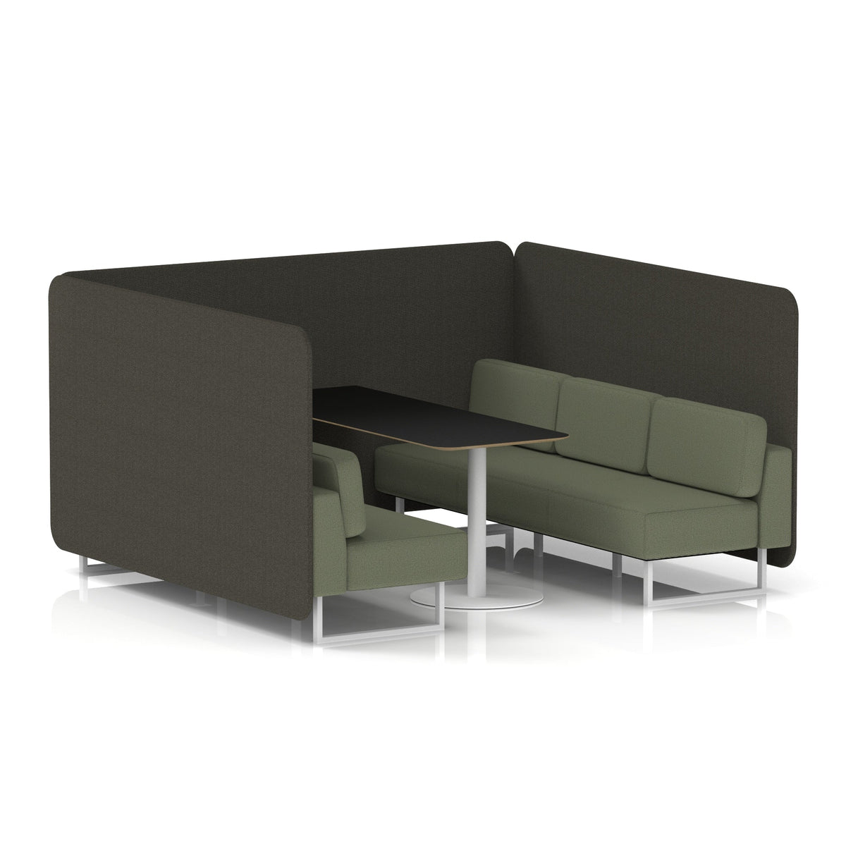 Commercial 6 Seater Privacy Booth – Bench with Black Table – Two Tone – Crib 5 Main Line Flax - Temple Panels And Monument Sofa White - Industrious Decor