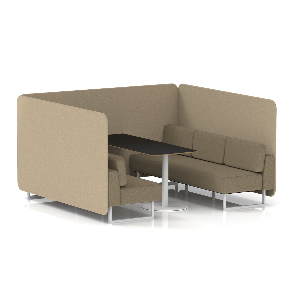 Commercial 6 Seater Privacy Booth – Bench with Black Table – Two Tone – Crib 5 Main Line Flax - Upminster Panels And Bank Sofa White - Industrious Decor