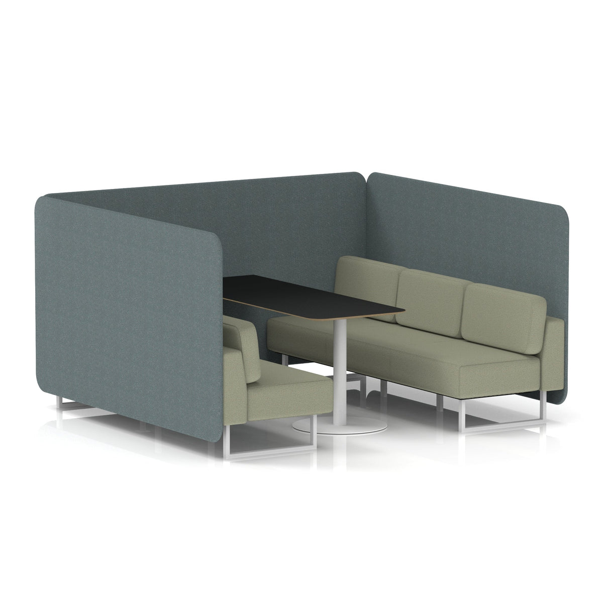 Commercial 6 Seater Privacy Booth – Bench with Black Table – Two Tone – Crib 5 Main Line Flax - Westminster Panels And Newbury Sofa White - Industrious Decor