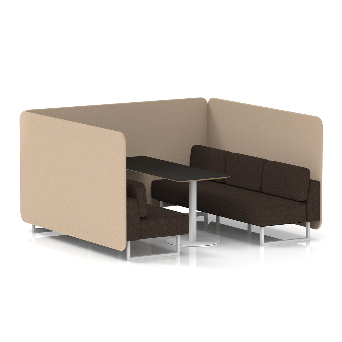 Commercial 6 Seater Privacy Booth – Bench with Black Table – Two Tone – Crib 5 Synergy - Affix Panels And Wed Sofa White - Industrious Decor