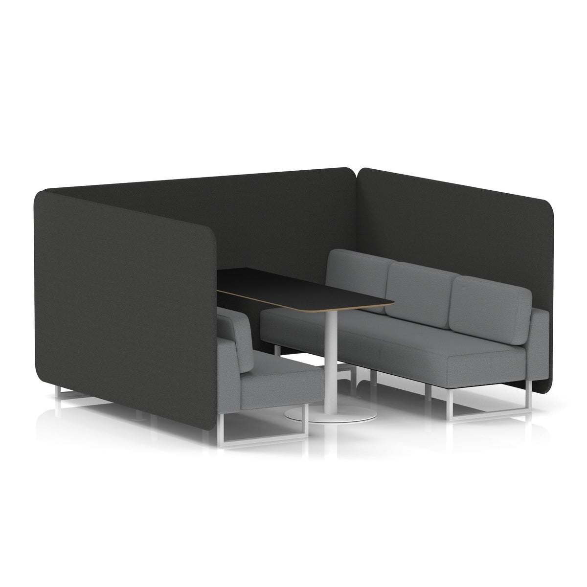 Commercial 6 Seater Privacy Booth – Bench with Black Table – Two Tone – Crib 5 Synergy - Mix Panels And Partner Sofa White - Industrious Decor