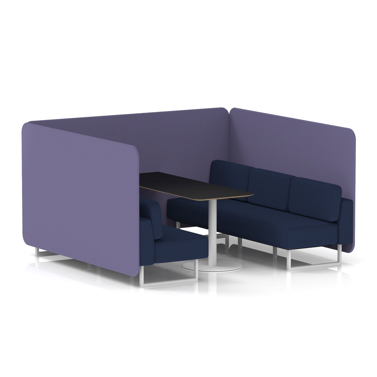 Commercial 6 Seater Privacy Booth – Bench with Black Table – Two Tone – Crib 5 Synergy - Order Panels And Alike Sofa White - Industrious Decor