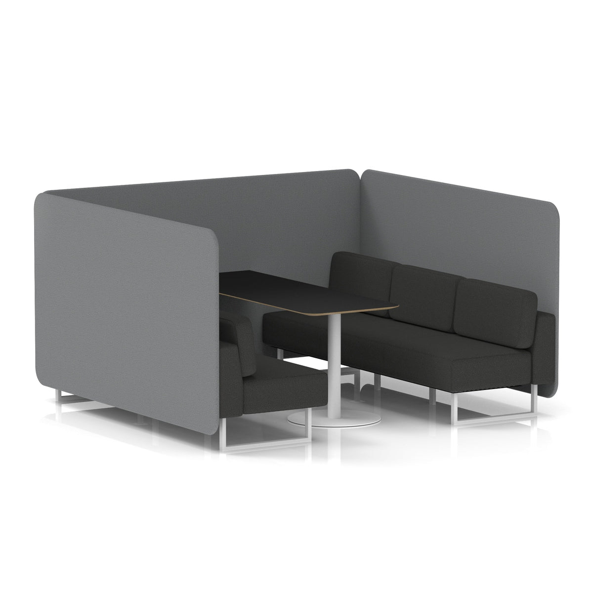 Commercial 6 Seater Privacy Booth – Bench with Black Table – Two Tone – Crib 5 Synergy - Partner Panels And Mix Sofa White - Industrious Decor