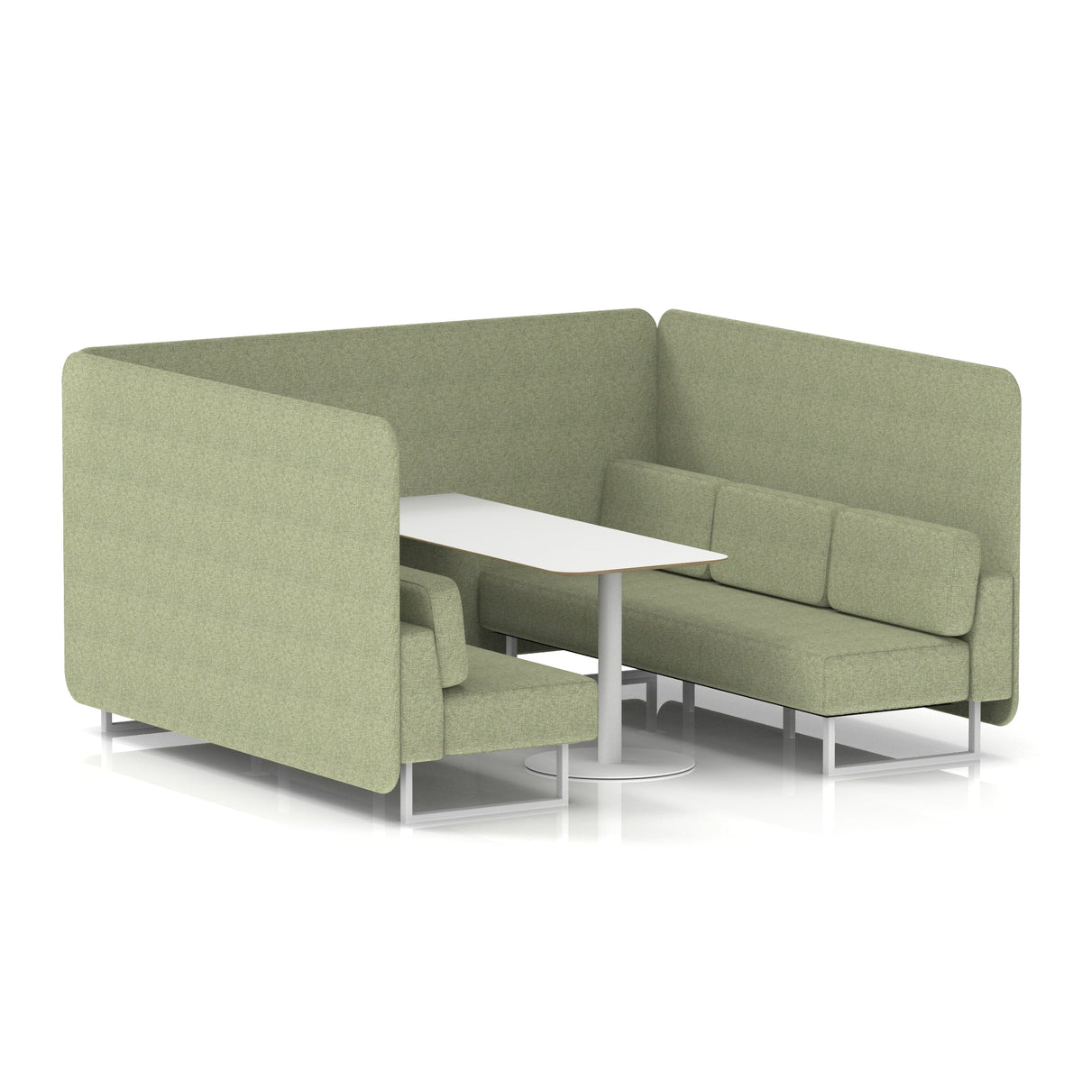 Commercial 6 Seater Privacy Booth – Bench with White Table – Single Tone – Crib 5 Rivet - Burnish Panels And Sofa White - Industrious Decor