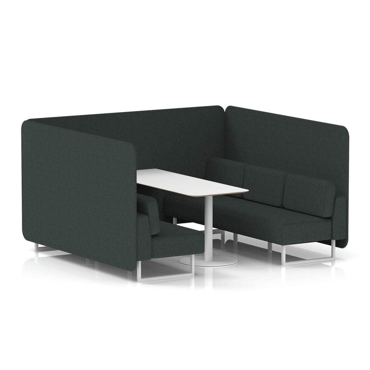 Commercial 6 Seater Privacy Booth – Bench with White Table – Single Tone – Crib 5 Rivet - Charcoal Panels And Sofa White - Industrious Decor