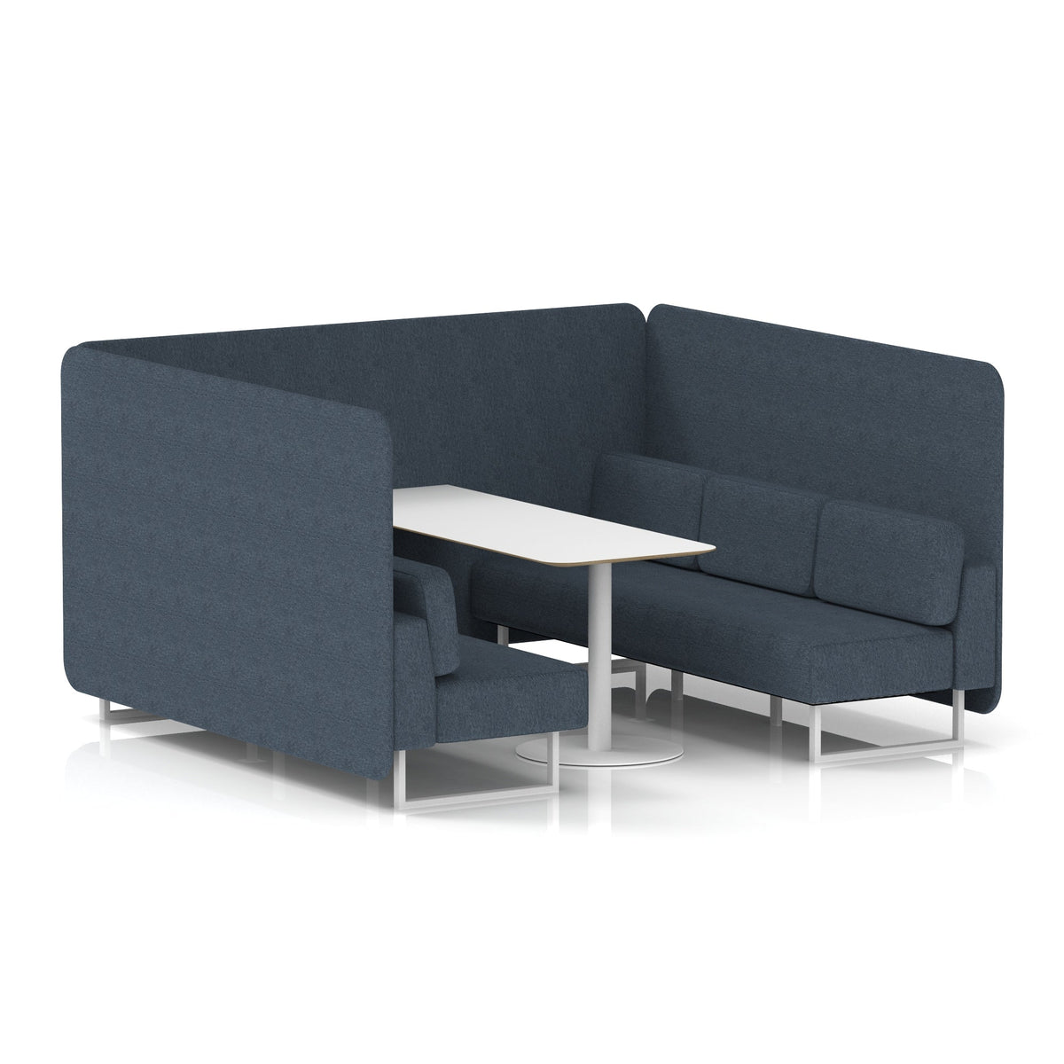 Commercial 6 Seater Privacy Booth – Bench with White Table – Single Tone – Crib 5 Rivet - Crucible Panels And Sofa White - Industrious Decor