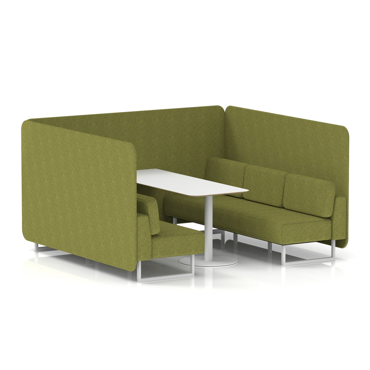 Commercial 6 Seater Privacy Booth – Bench with White Table – Single Tone – Crib 5 Rivet - Olive Panels And Sofa White - Industrious Decor