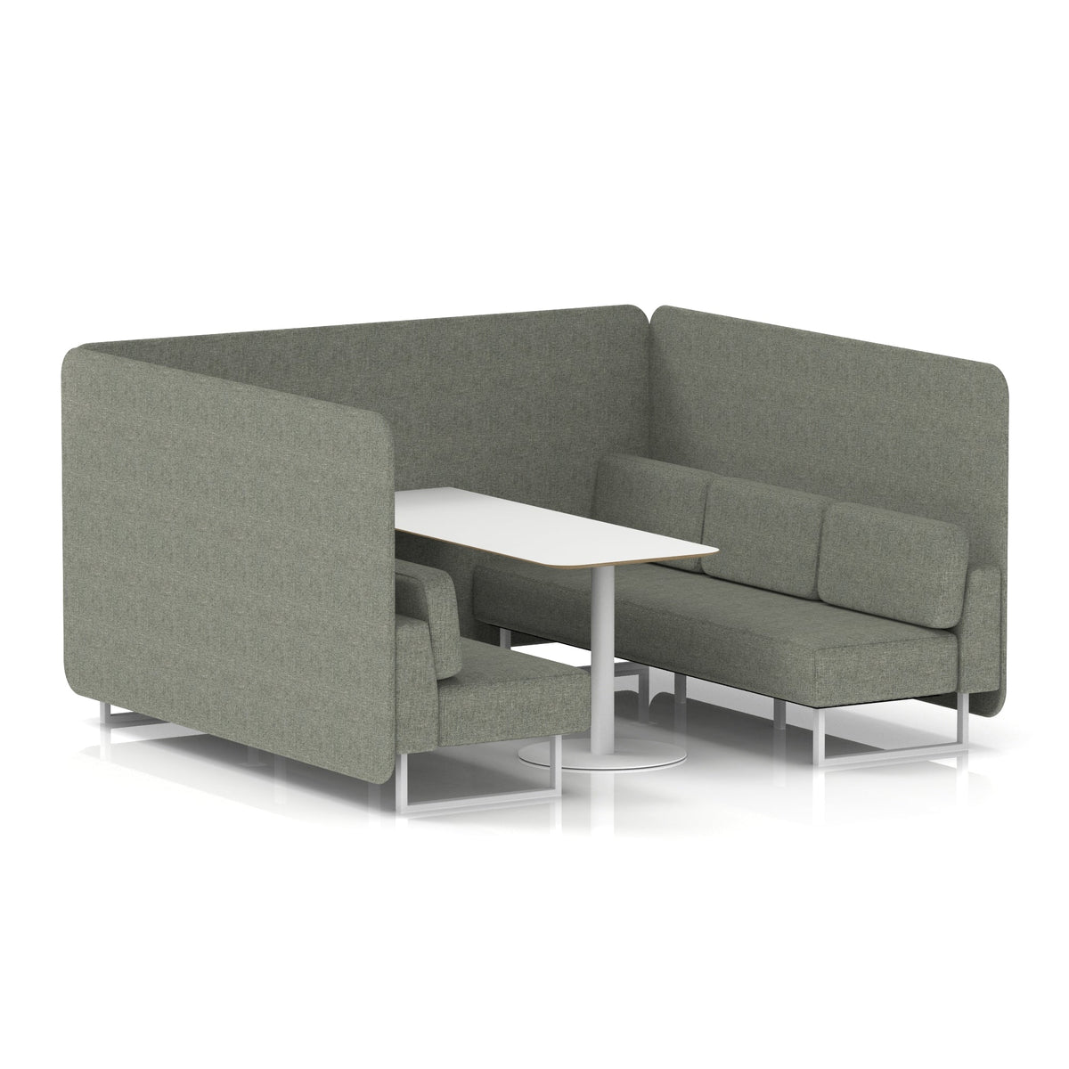 Commercial 6 Seater Privacy Booth – Bench with White Table – Single Tone – Crib 5 Rivet - Vitreous Panels And Sofa White - Industrious Decor