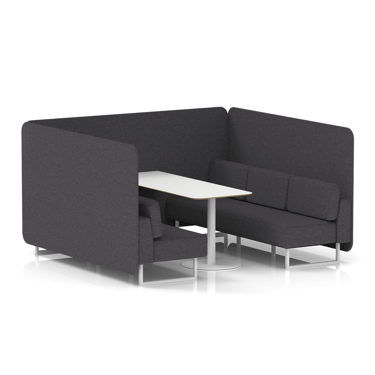 Commercial 6 Seater Privacy Booth – Bench with White Table – Single Tone – Crib 5 X2 - Arithmetic Panels And Sofa White - Industrious Decor