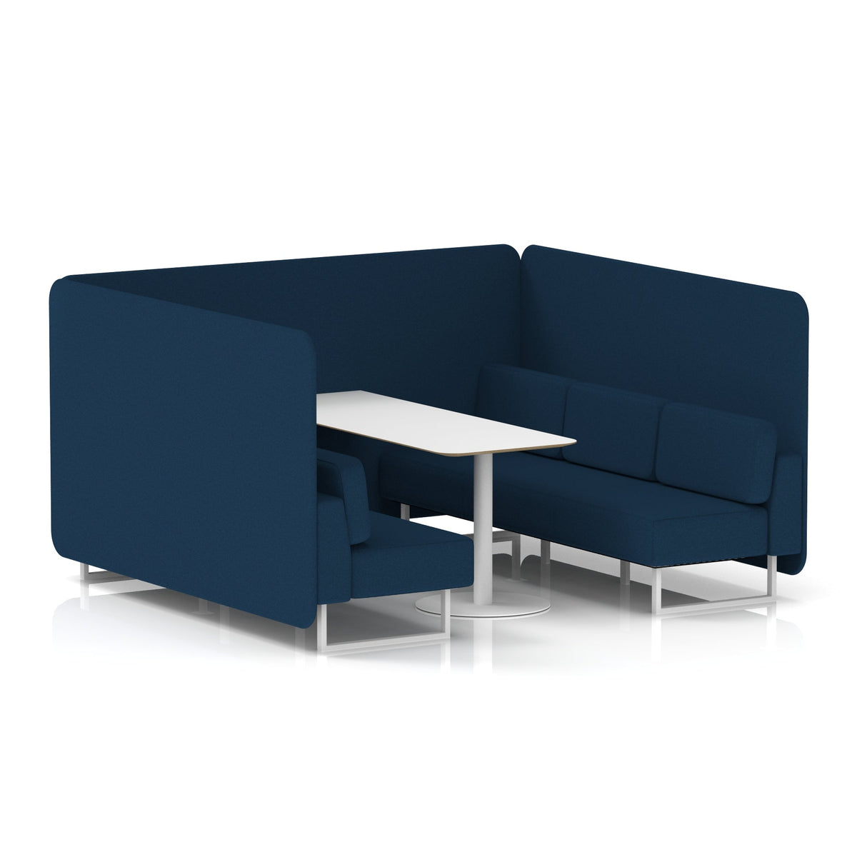 Commercial 6 Seater Privacy Booth – Bench with White Table – Single Tone – Crib 5 X2 - Calculus Panels And Sofa White - Industrious Decor