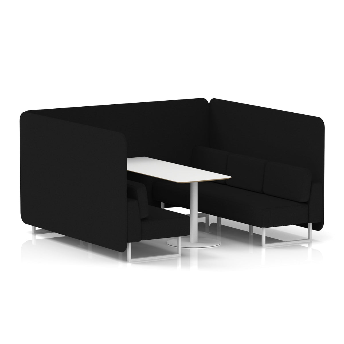 Commercial 6 Seater Privacy Booth – Bench with White Table – Single Tone – Crib 5 X2 - Diameter Panels And Sofa White - Industrious Decor