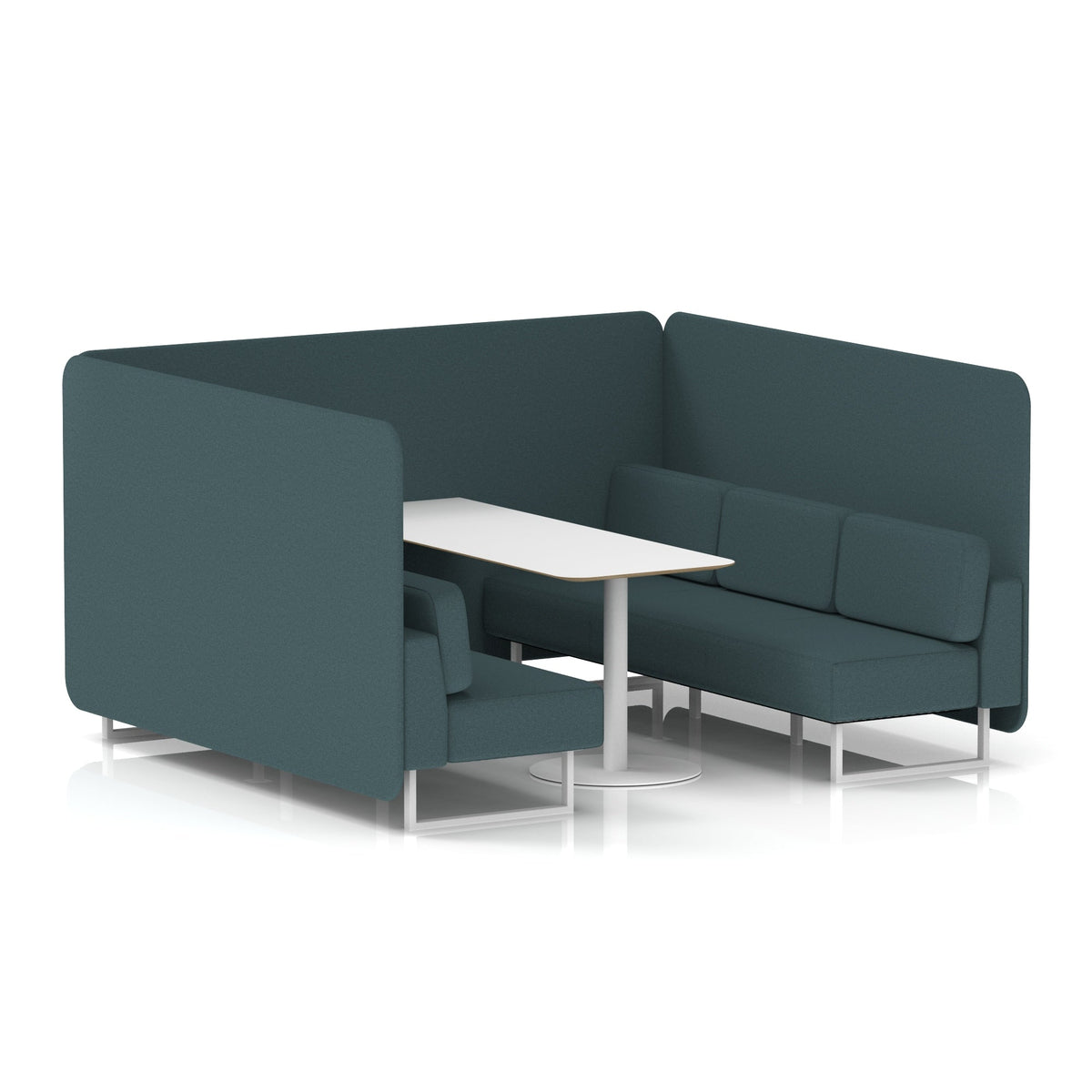 Commercial 6 Seater Privacy Booth – Bench with White Table – Single Tone – Crib 5 X2 - Polygon Panels And Sofa White - Industrious Decor