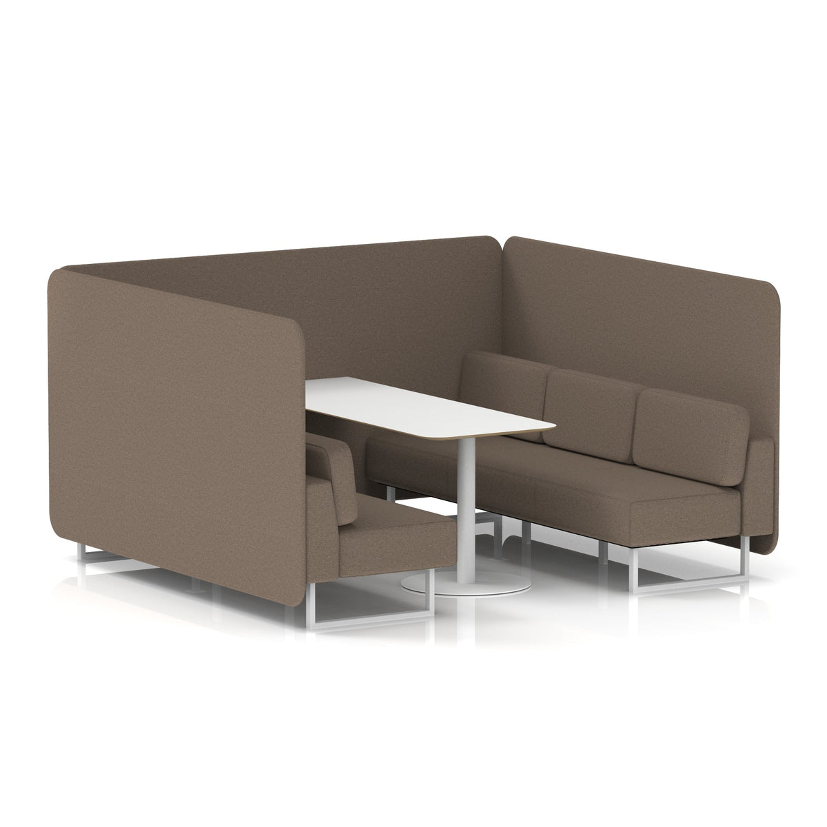 Commercial 6 Seater Privacy Booth – Bench with White Table – Single Tone – Crib 5 X2 - Theory Panels And Sofa White - Industrious Decor