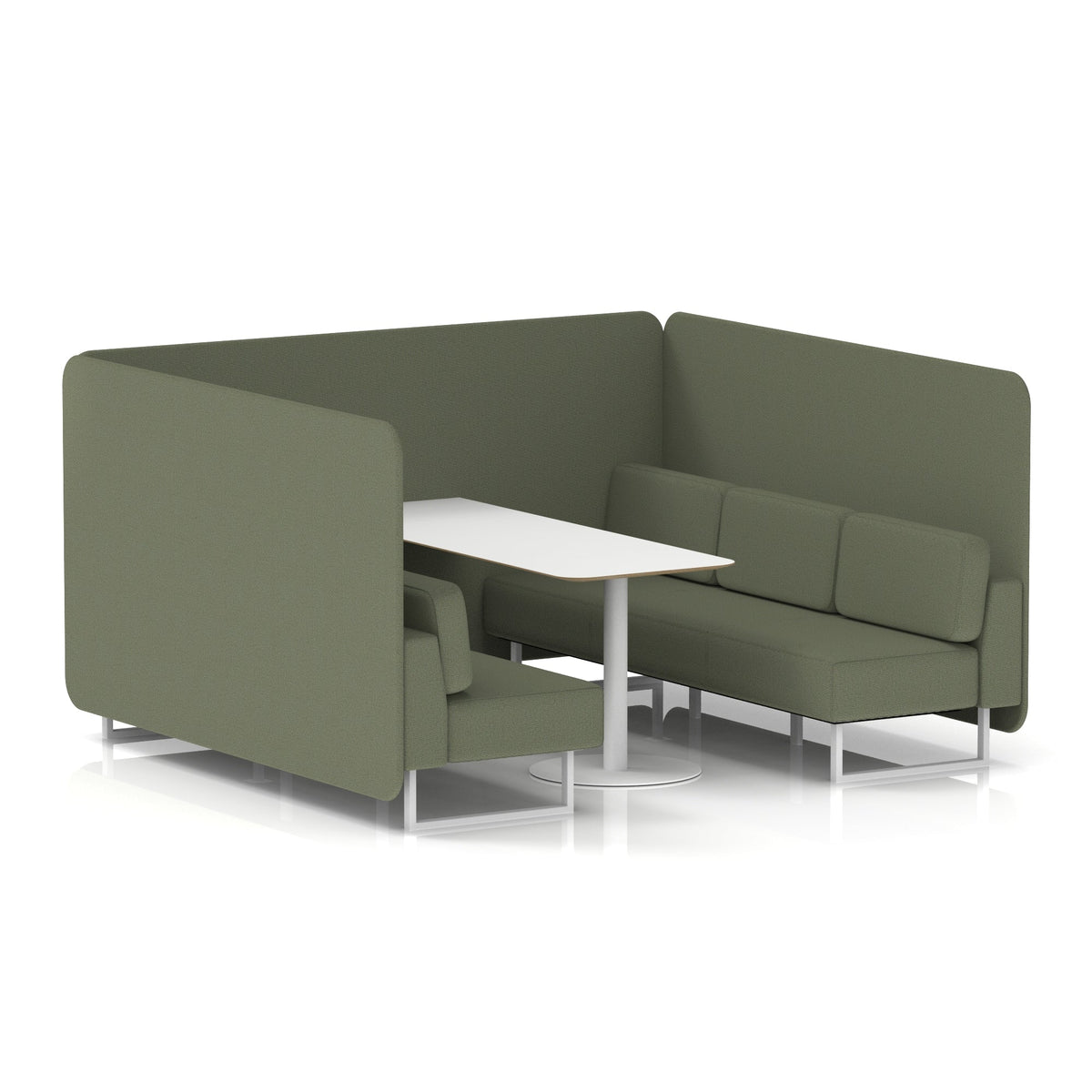 Commercial 6 Seater Privacy Booth – Bench with White Table – Single Tone – Crib 5 Main Line Flax - Monument Panels And Sofa White - Industrious Decor