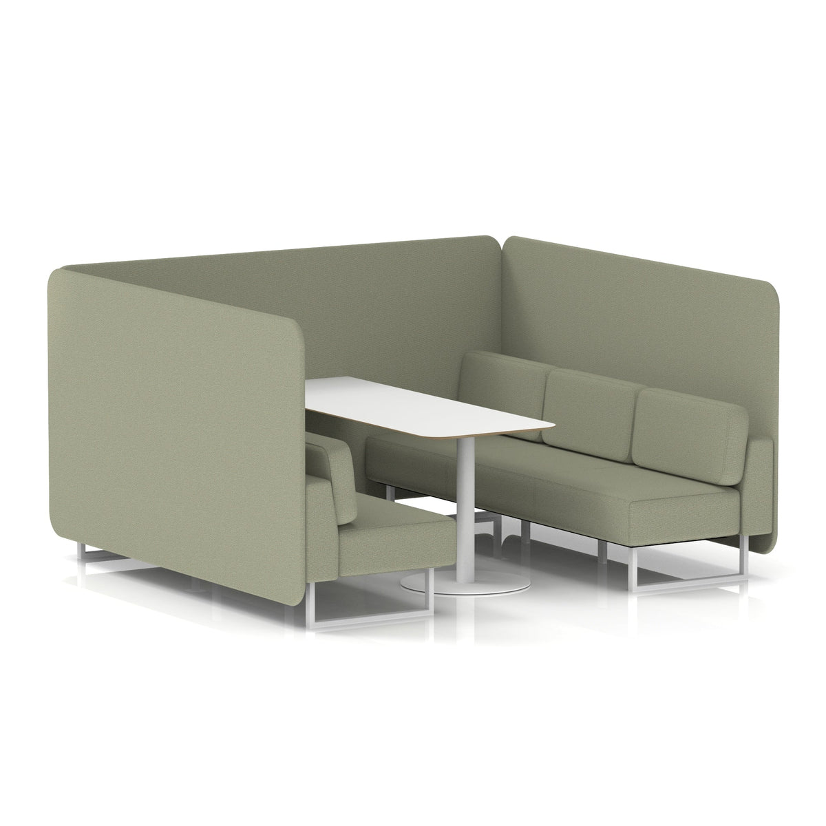 Commercial 6 Seater Privacy Booth – Bench with White Table – Single Tone – Crib 5 Main Line Flax - Newbury Panels And Sofa White - Industrious Decor