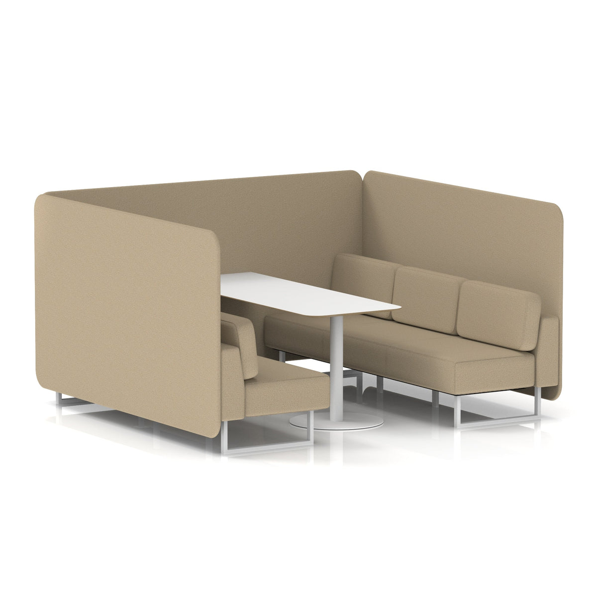 Commercial 6 Seater Privacy Booth – Bench with White Table – Single Tone – Crib 5 Main Line Flax - Upminster Panels And Sofa White - Industrious Decor