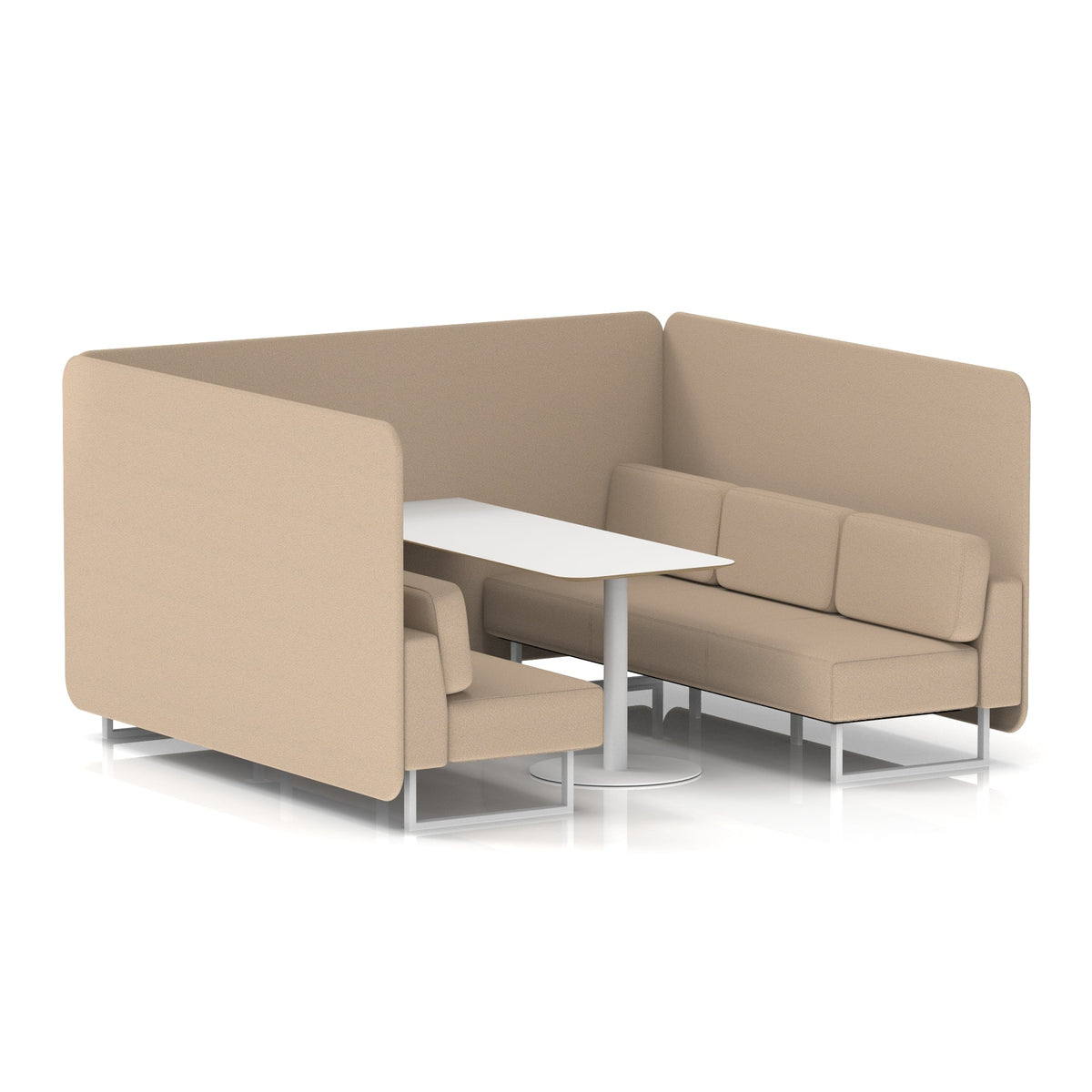 Commercial 6 Seater Privacy Booth – Bench with White Table – Single Tone – Crib 5 Synergy - Affix Panels And Sofa White - Industrious Decor